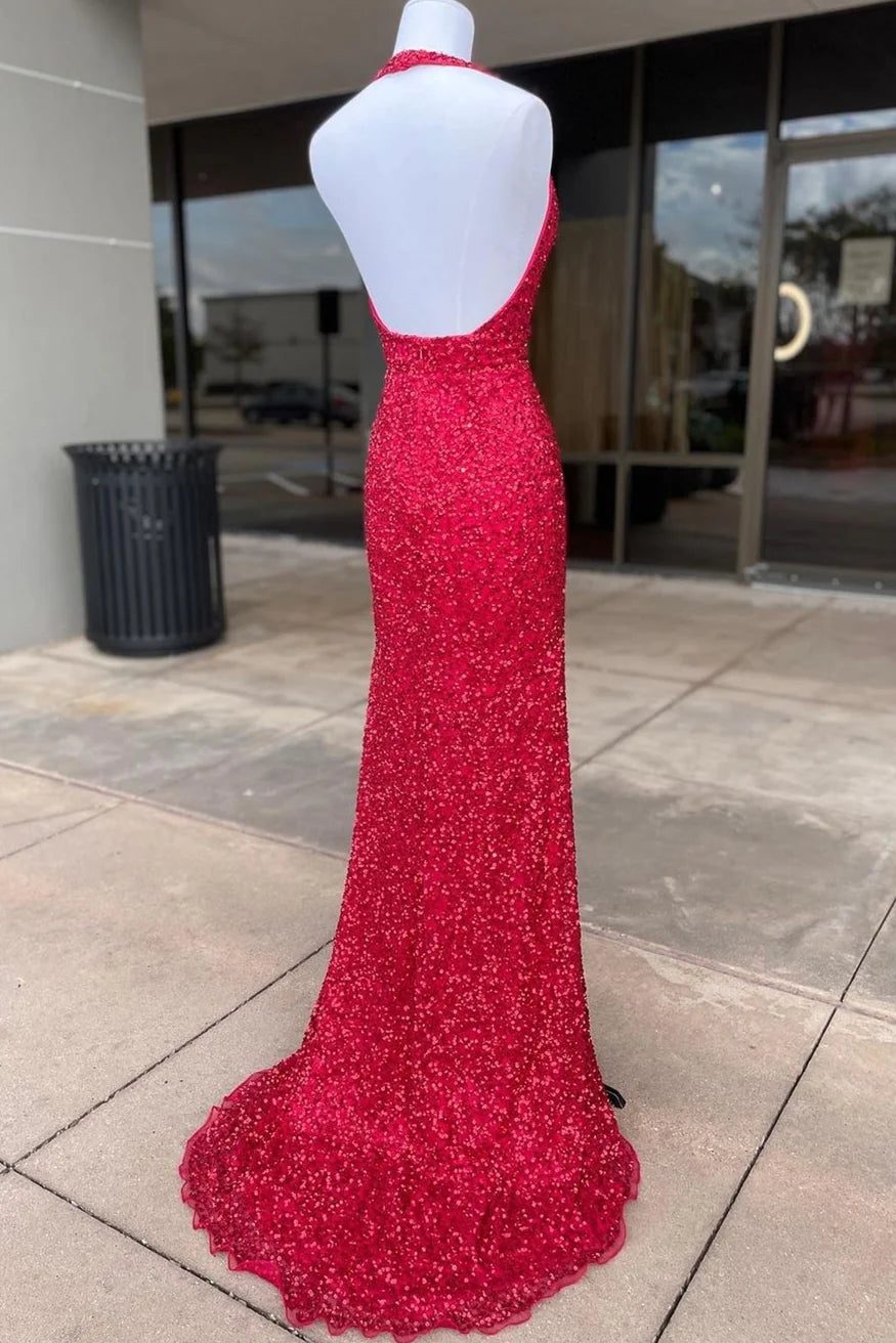 Formal Wear Dresses V Neck Sleeveless Backless Halter Red Sequin Mermaid Side Slit Prom Dress Stores With Prom Dresses